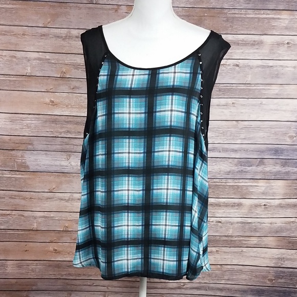 torrid Tops - Torrid Blue+Black Plaid Print BedazzledDetail Tank